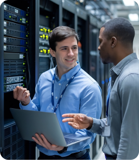 Network specialists reviewing server infrastructure